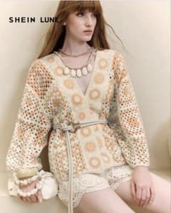 SHEIN ARAVE クロシェ編み カーディガン ピンクベージュのサムネイル