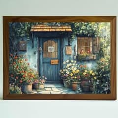 A4 花咲くコテージの水彩画｜小鳥と庭のある癒しのカントリー風景