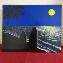 題『静かな夜のビーチ』手描き アクリル画 絵画 キャンバス画 shin1画
