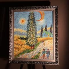 手書き油絵 ゴッホ 糸杉と星の見える道 額付 肉筆絵画 インテリア 油彩画 手書き油絵 ゴッホ 糸杉と星の見える道 額付 肉筆絵画 インテリア 油彩