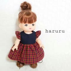 フリル袖ワンピース　チェック柄レッド　メルちゃん　ソランちゃん　レミンちゃん　服のサムネイル