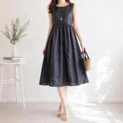 美品 S MaxMara リネン混 ノースリーブフレアワンピース 40 ネイビー