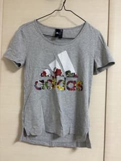 adidas 半袖 Tシャツ グレー 花柄ロゴ レディース Lのサムネイル