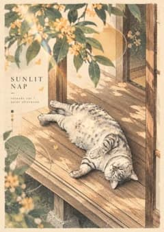 ♡たまみな♡原画 水彩画 縁側で眠る猫と小鳥 値段は※900円です 水彩画風】 縁側でまどろむ猫の午後 - メルカリ