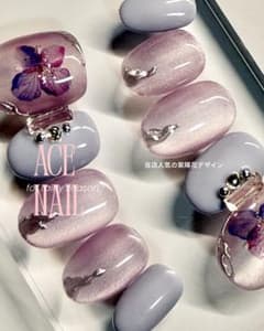 【現品】紫陽花ネイル　フラワーネイル　紫　パープル　ビジュー ジェルネイルのサムネイル