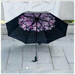 折り畳み傘 晴雨兼用 UVカット 内側桜の花/黒のサムネイル