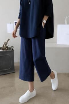 3XL ワイドパンツ 八分丈 レディース ネイビー シンプル カジュアル 美脚のサムネイル