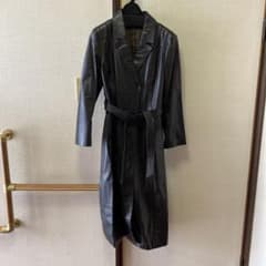 ダークブラウン レザー ロングコート ベルト付きのサムネイル
