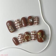 【現品のみ】ネイルチップ ブラウン ツイード ゴールド 大人上品 大人可愛いのサムネイル