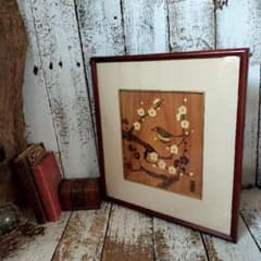 箱根 寄木細工 貞人 木象嵌 梅に鶯 木画 額装 無垢材 伝統工芸 ウグイス 箱根 寄木細工 貞人 木象嵌 梅に鶯 木画 額装 無垢材 伝統