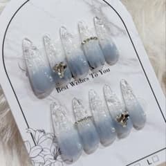 氷結ガラスネイル ネイルチップ ロングポイント ワンホン 水色 韓国氷結ネイルのサムネイル