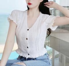 レディース 半袖 トップス カットソー レースデザイン リブ編み 涼しい 夏服のサムネイル