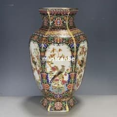 粉彩描金の花鳥六角尊瓶 景徳鎮 陶磁器 装飾品 現代工芸品 美術品 置物