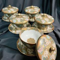 匿名配送/希少】九谷焼/九谷福栄堂/蓋付湯呑/5客/金彩/花柄