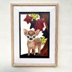 アクリル画 子鹿の花札絵　ハガキサイズ　額付き　イラストのサムネイル