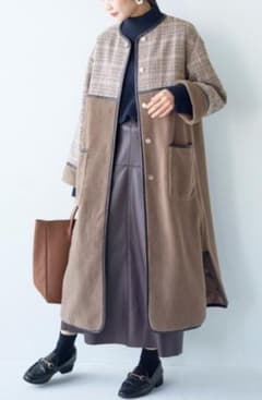 【値下げ中】haco! パイピングボアロングコート ブラウン チェックのサムネイル