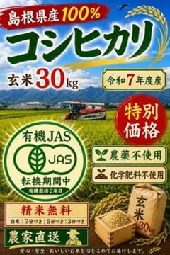 安心安全有機米⭐︎30kg玄米！特別価格！農家直送！！ 最後の1個！安心安全✳︎有機JAS米⭐︎30kg玄米！特別価格！農家直送