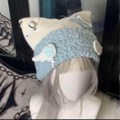 天使界隈 ネコ耳 ニット帽 ホワイト×ピンク サブカル 地雷 天使の羽