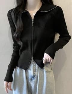 SHEIN ジッパー付き黒リブセーターのサムネイル