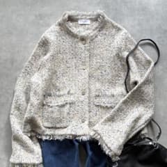 スローブイエナ ツイードニットカーディガン 24AW ミックスツイード フリンジ 美品 スローブイエナ Mix ツイード ニット カーディガン フリンジ 銀