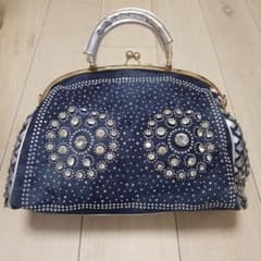 デニム×シルバー メタリック がま口 ハンドバッグ ストラップ付のサムネイル