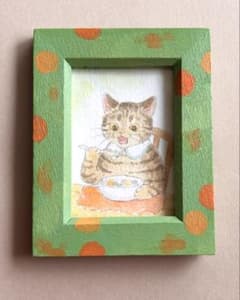 手描きミニ水彩原画 シリアルを食べる猫のサムネイル