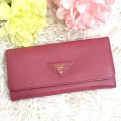 希少✨PRADA レザー 長財布 ピンク系 メタルロゴ 三角ロゴ