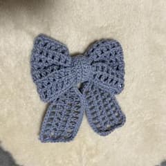 ハンドメイド かぎ針編み リボン ヘアゴム ブルーグレーのサムネイル
