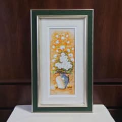 油絵額装 R.Park R.パーク 油絵 花瓶の花 絵画 アート 白い花 額縁