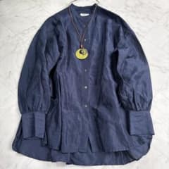イエナ ラミーリヨセル バックギャザーシャツ ネイビー バンドカラー 
