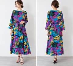 美品 ルネ ワンピース シルク100％ フレンチスリーブ フラワー Aライン36 美品 Drawer シルク100％ フラワープリントワンピース マルチカラー36