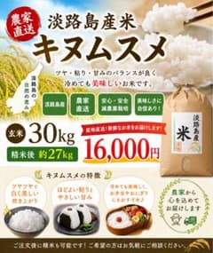 淡路島産 キヌムスメ 玄米30キロ（精米約27kg） 数量限定‼️お米‼️淡路島産米 キヌムスメ 玄米 30kg（精米後約27キロ