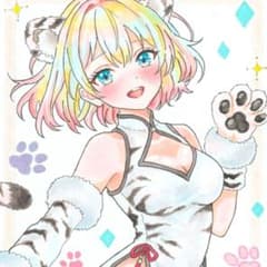 一点物 手描き 原画】ケモ耳女の子 オリジナルイラスト アオザイ 水彩