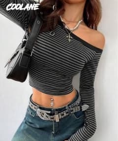 SHEIN 長袖カットソー ボーダー ブラック グレー XSのサムネイル