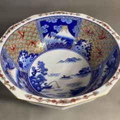 古伊万里文】古伊万里の伝統 日本の名窯 染錦六方割富士波蝶山水絵 十