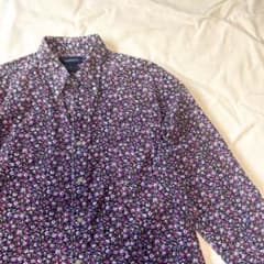 小花柄 コーデュロイシャツ 長袖 L ネイビー ピンク 古着90s〜のサムネイル