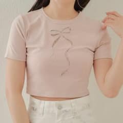【チコ】リボン刺繍ショート丈半袖Tシャツのサムネイル