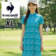 【美品】ルコックゴルフ 半袖ポロワンピース 総柄 ブルーグリーン アートロゴLL 美品】ルコックゴルフ 半袖ポロワンピース 総柄 ブルーグリーン アート