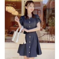 大人気✨ ミシェルマカロン デニム フレア ワンピース ビジュー F