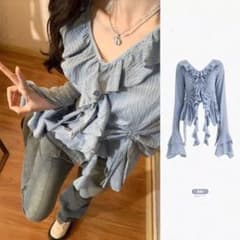 フリル 長袖 トップス ブルー長袖シャツ レディ春秋トレンディ 通気性ドレープ感のサムネイル