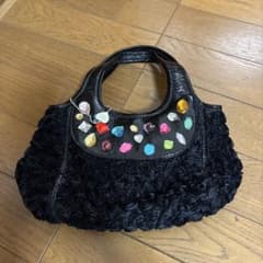 ハンドバッグ 黒 ローズモチーフ ビジューのサムネイル