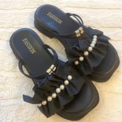 FASHION パール フリル サンダル ブラック 41のサムネイル