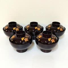 ⭐️ 会津塗 合成漆器 溜桜蒔絵 蓋付きお吸い物碗揃 5客 美品