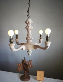 フランスアンティーク 木製シャンデリア 4灯 シャビー 店舗什器