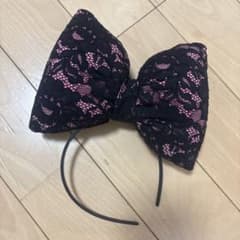 ビッグリボン カチューシャ レース 黒×ピンク 盛り髪のサムネイル