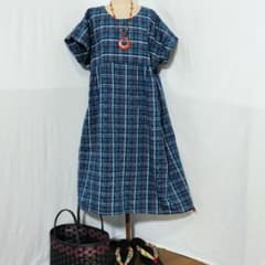 浴衣リメーク　浴衣ワンピース　阿波しじら織　正藍染　ハンドメイド　ゆったりのサムネイル