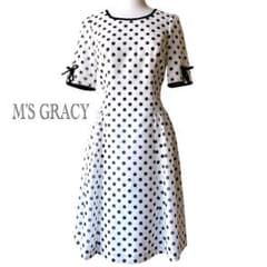 ✨美品✨M's GRACY ドットリボンフレアワンピース 36 エムズグレイシー 美品✨M'S GRACY エムズグレーシー フレアワンピース ドット 白 リボン