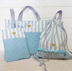 入園入学3点セット】ハートキルティング くすみブルー ｜名入れ可