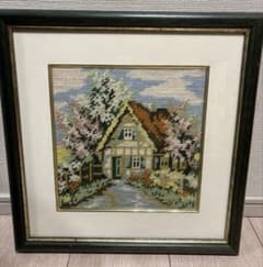 イタリア製 風景画 刺繍 木製フレーム 昭和 ニットアート 馬 牧場 風景刺繍絵画 木製フレーム 額縁入り