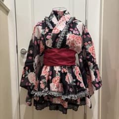 浴衣ドレス 浴衣 黒 ピンク 白 薔薇 - メルカリ